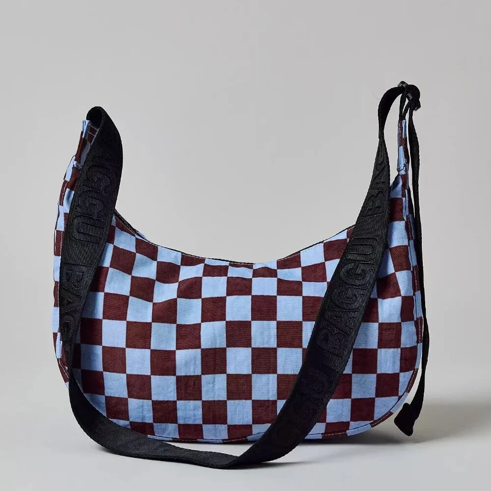 NWT Baggu Medium Crescent Bag - Brown Blue Check - Picture 8 of 8